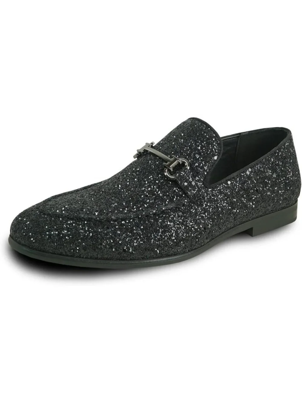 Men's Black Glitter Loafers Metal Buckle Cap Toe Metallic Slip On Party Shoes